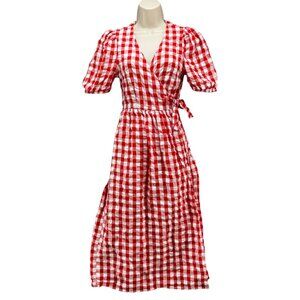 Monkl Midi Wrap Dress Red White Gingham Seersucker Short Sleeve Size 36 US 4